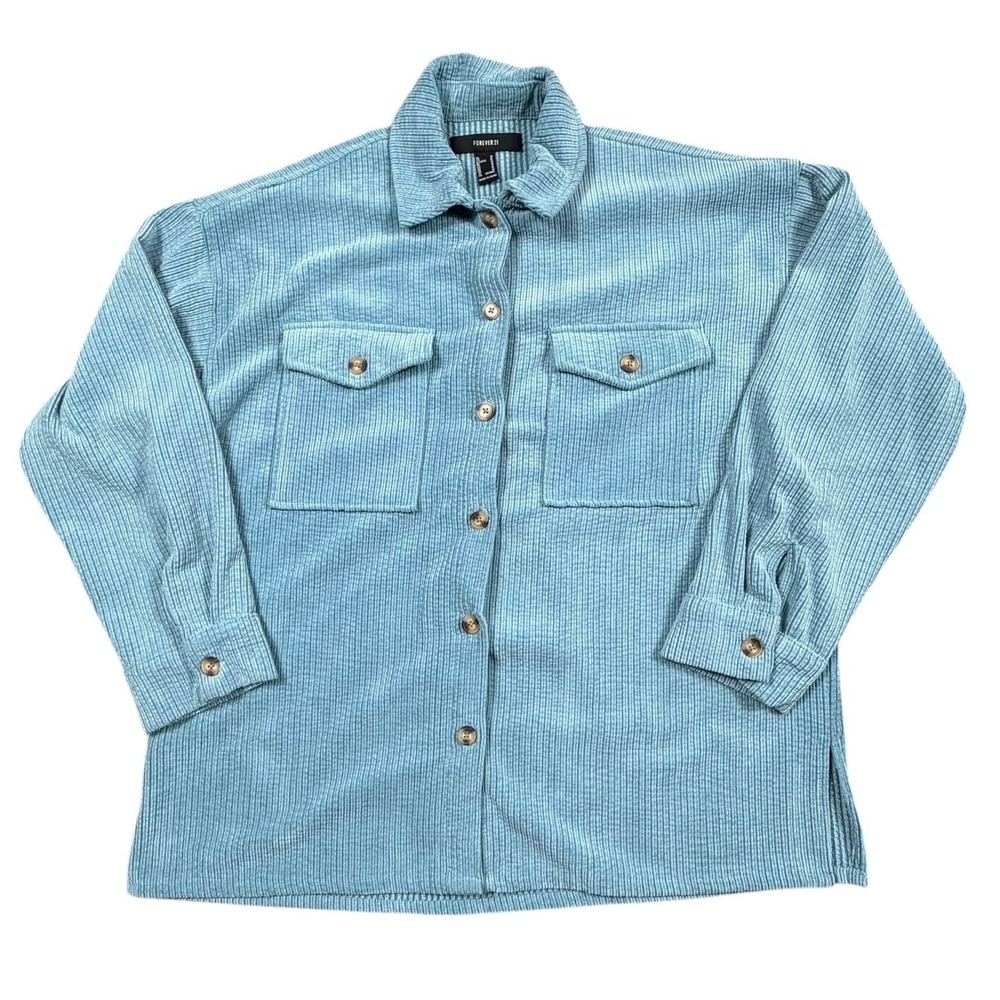 Forever 21 Blue Corduroy Button Down Shirt Oversized Shacket Womens Medium